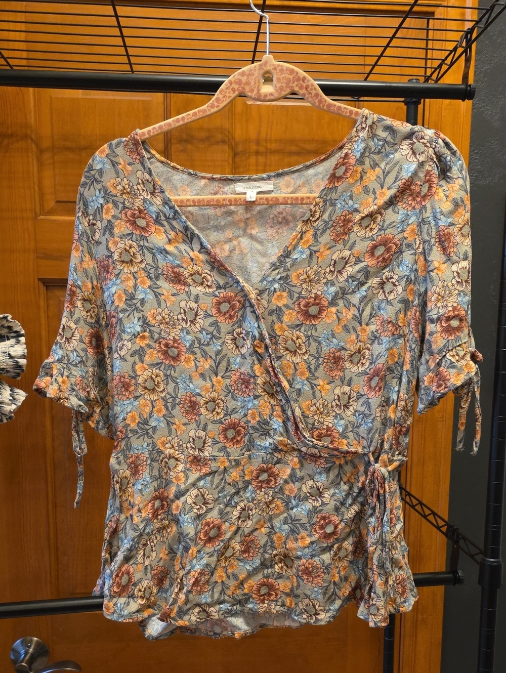 Maurices Floral Wrap Blouse - Blue, Rust, Cream